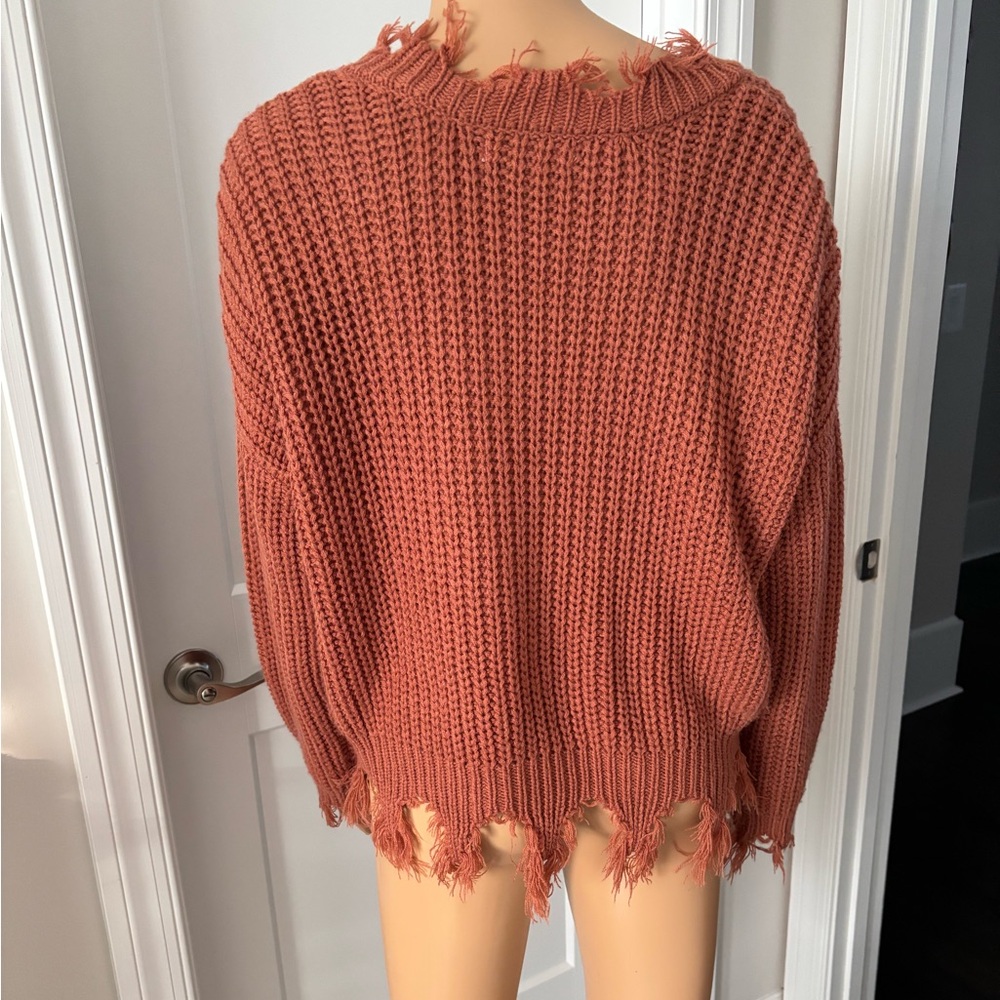 Rust Distressed V-Neck Sweater - Picture 2 of 5